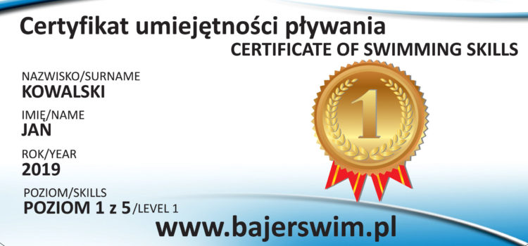 Certyfikat umiejętności pływania | Zamówienia Online